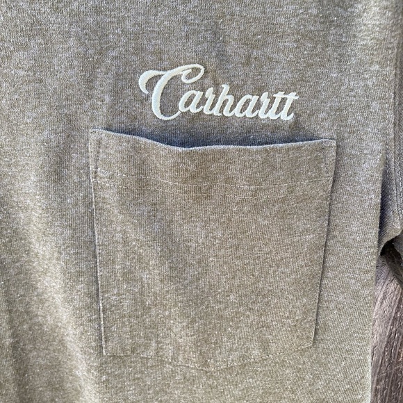 Women's Carhartt T-Shirt Green Spell-Out Cursive S Crew Cotton Pocket Cursive - Picture 3 of 12